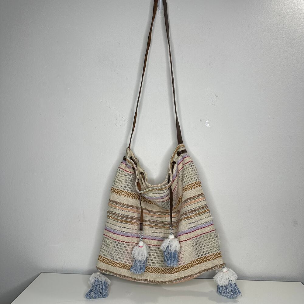 Lovestitch Tan Multicolor Striped Canvas Boho Bag Drawstring Snap Closure